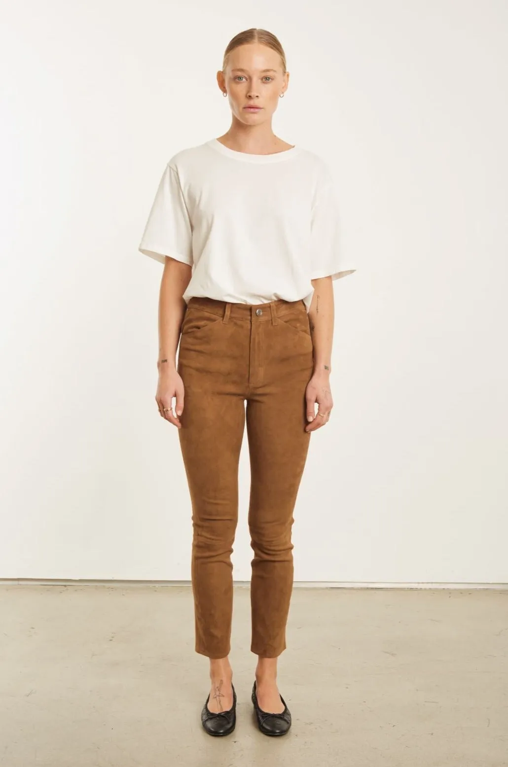 Dark Cognac Suede 5 Pocket Slim Trousers sold by SPRWMN