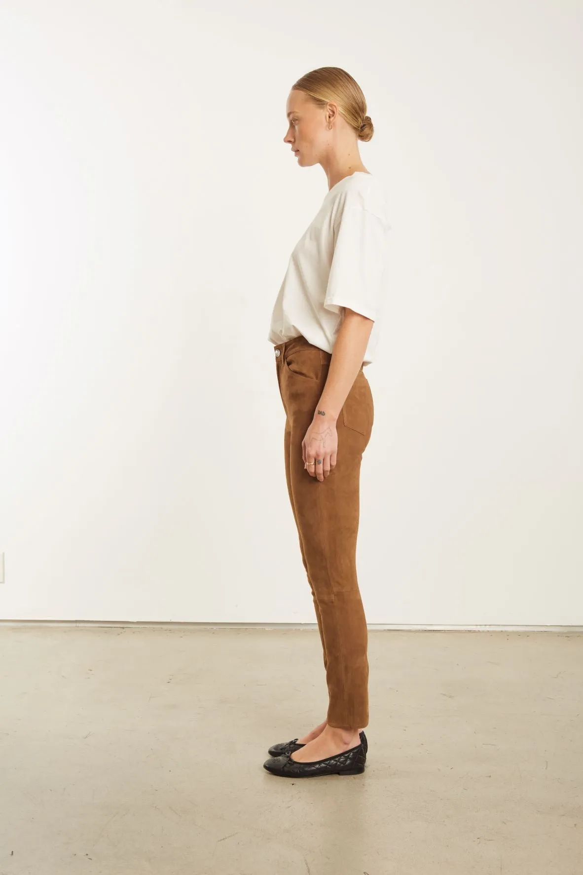 Dark Cognac Suede 5 Pocket Slim Trousers sold by SPRWMN product image thumbnail 3