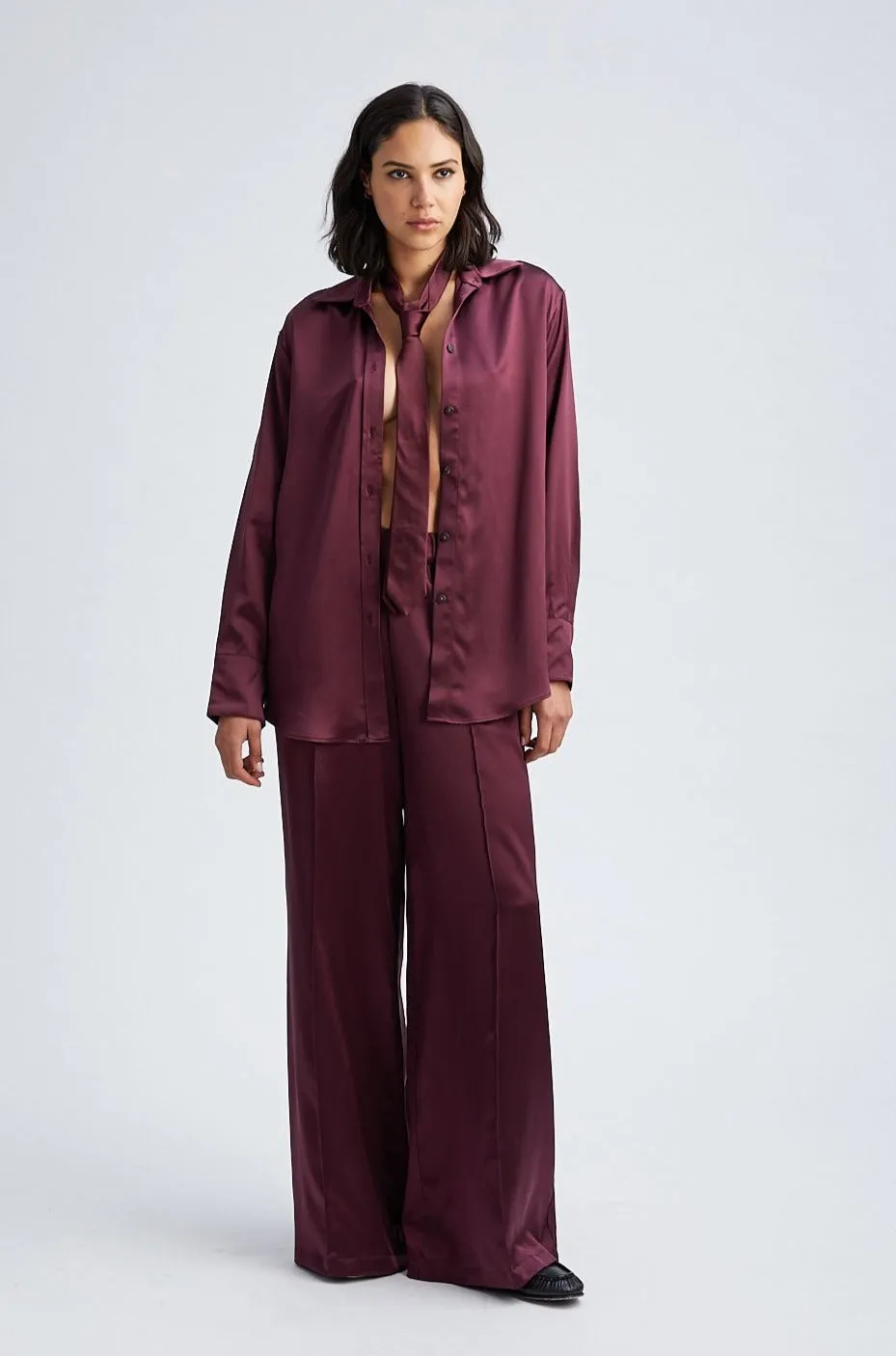 Merlot Silk Wide Leg Pintuck Pants sold by SPRWMN product image thumbnail 3
