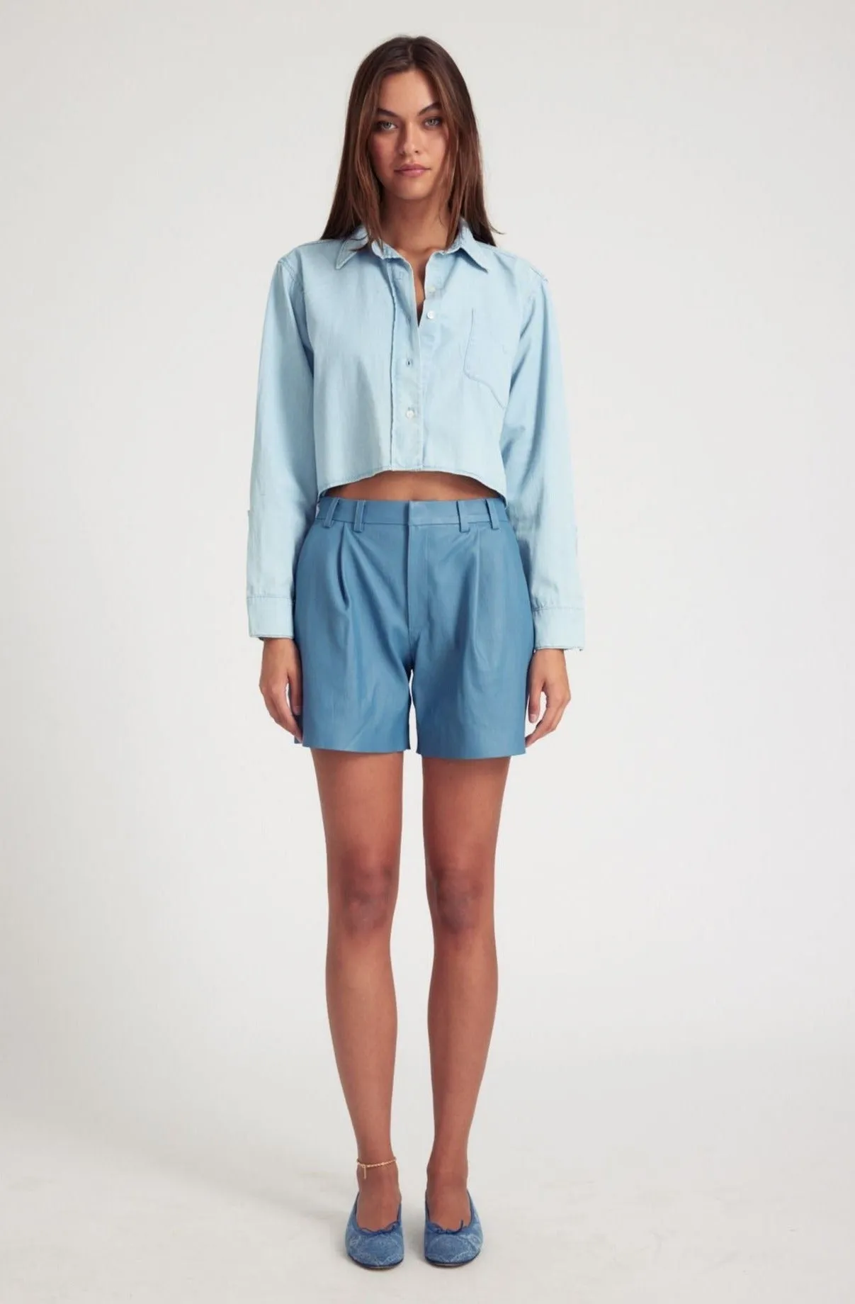Chambray Blue Leather Trouser Shorts sold by SPRWMN