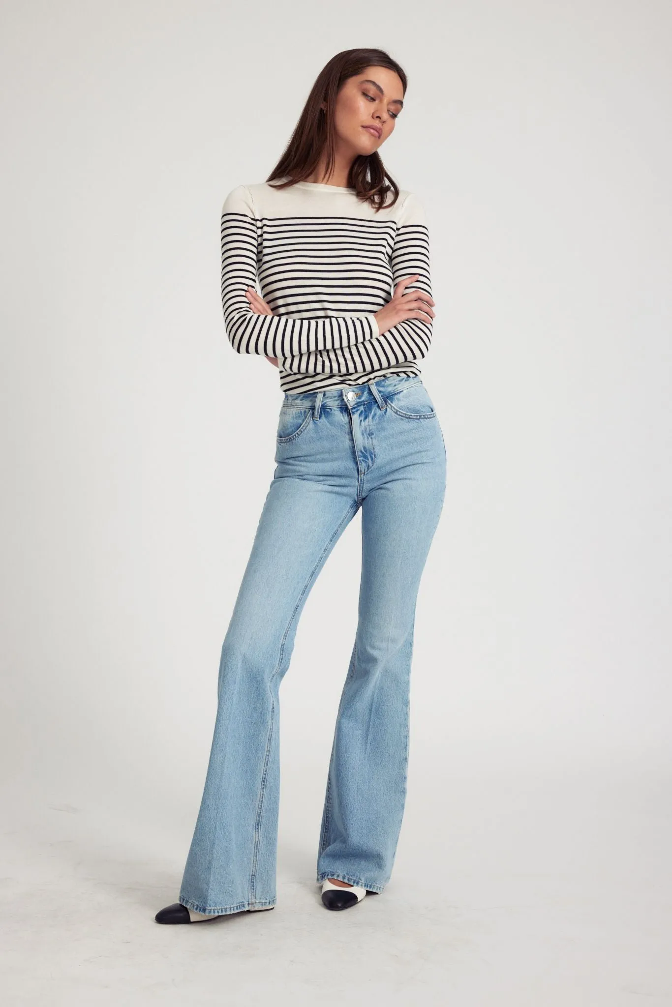 Striped Ivory Cashmere Fitted Crew Neck Sweater sold by SPRWMN product image thumbnail 3