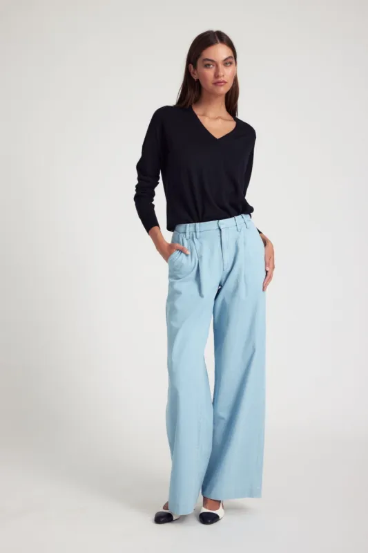Light Blue Chambray Pleated Trousers sold by SPRWMN
