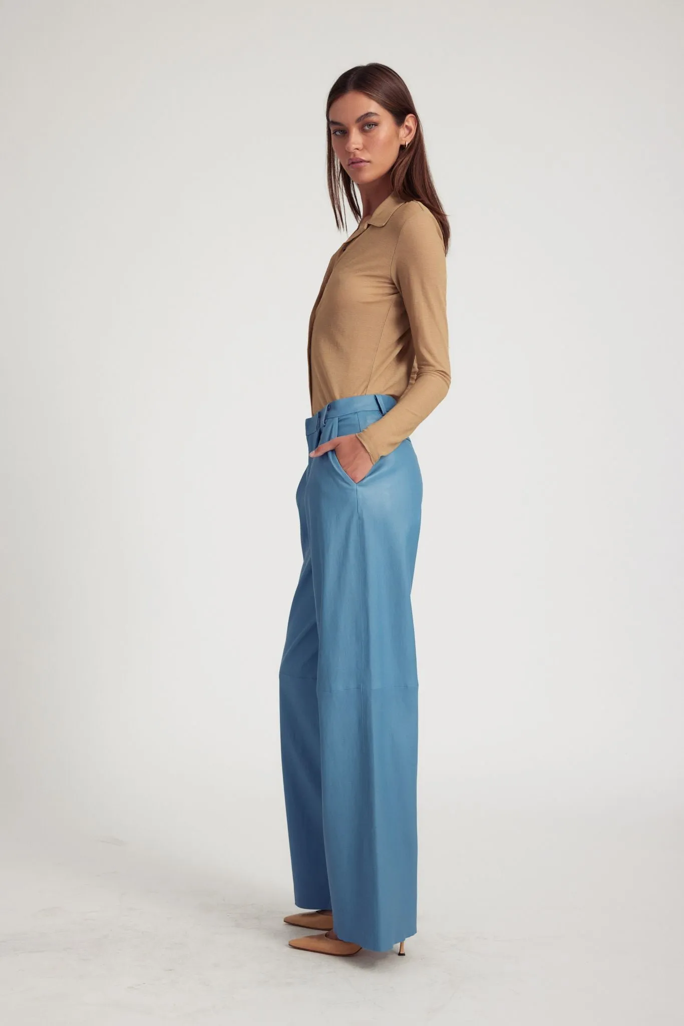 Chambray Blue Leather Pleated Trousers sold by SPRWMN product image thumbnail 5