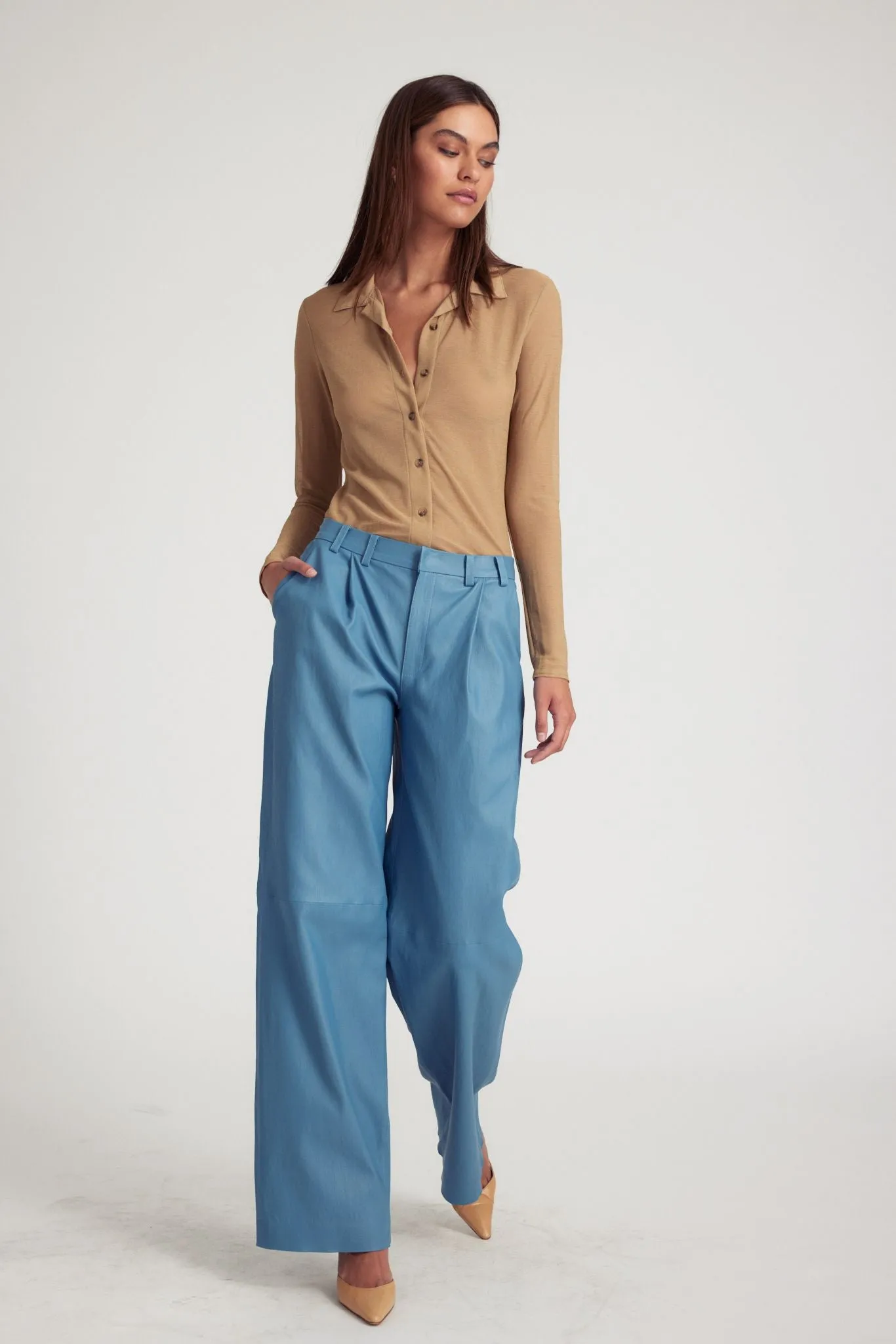 Chambray Blue Leather Pleated Trousers sold by SPRWMN product image thumbnail 3