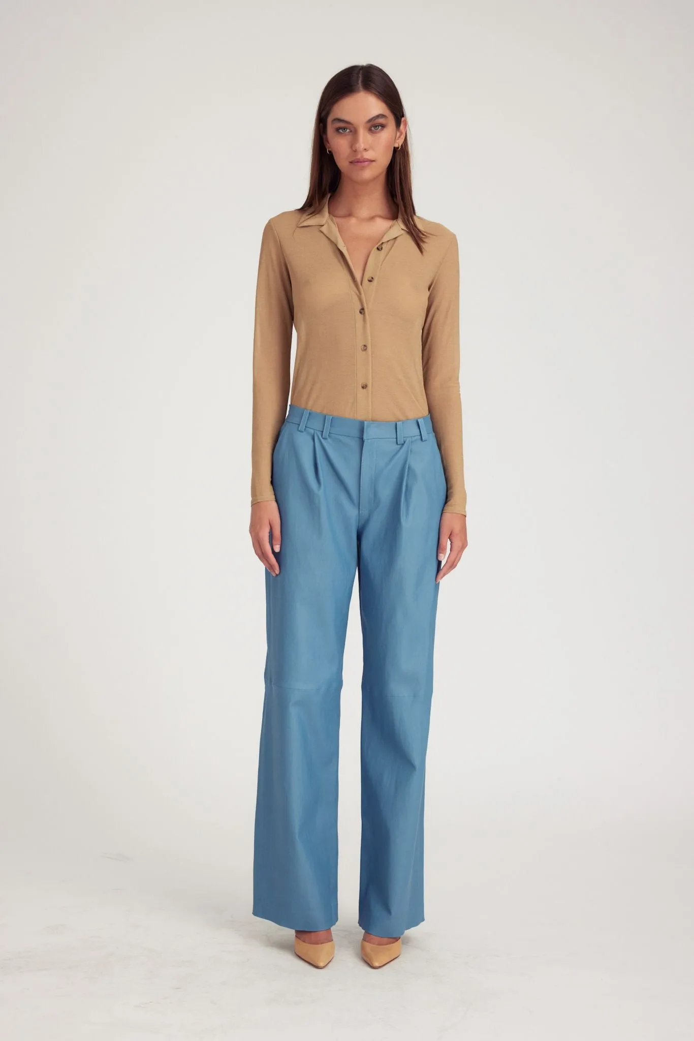 Chambray Blue Leather Pleated Trousers sold by SPRWMN