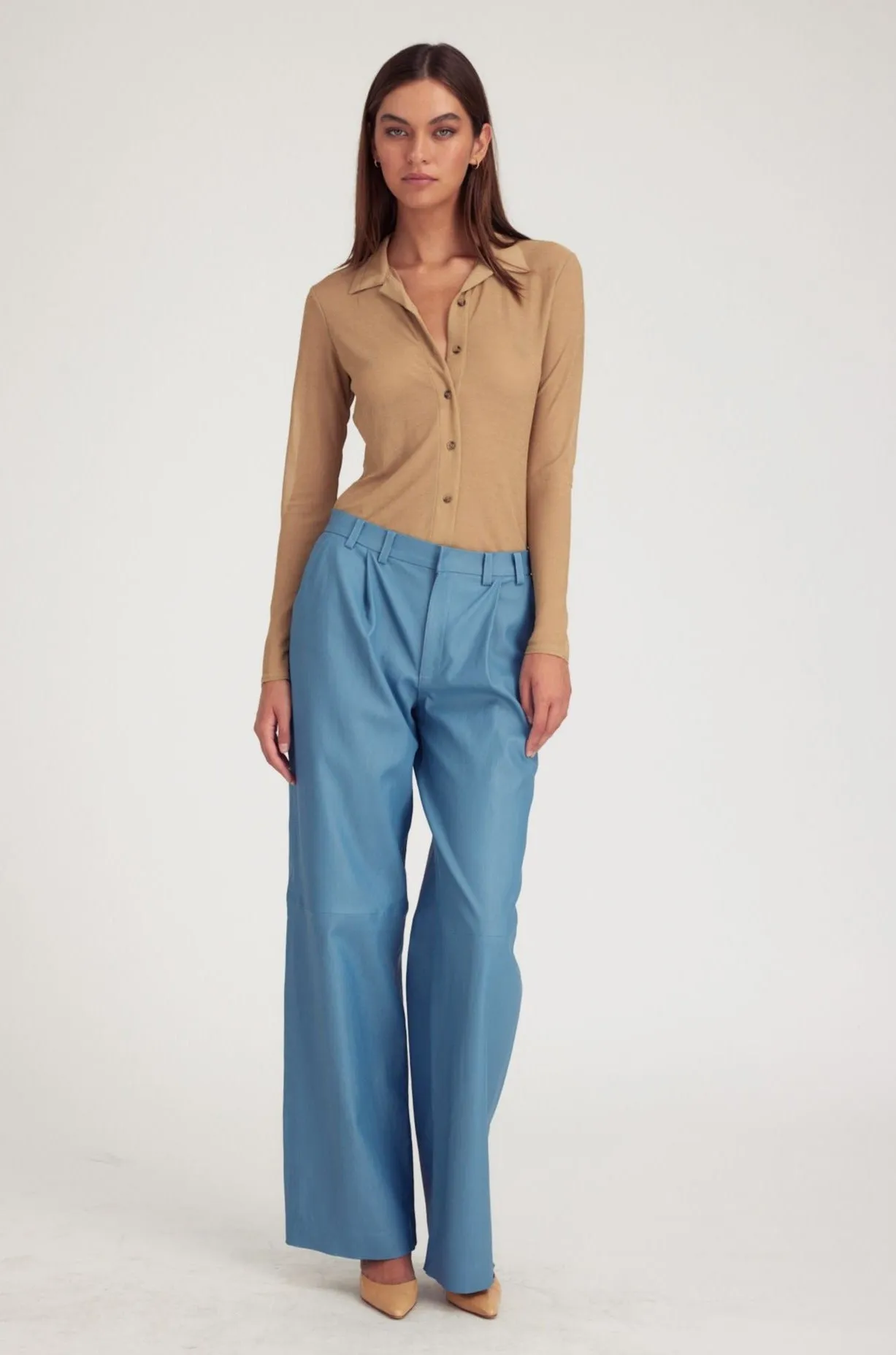 Chambray Blue Leather Pleated Trousers sold by SPRWMN product image thumbnail 2