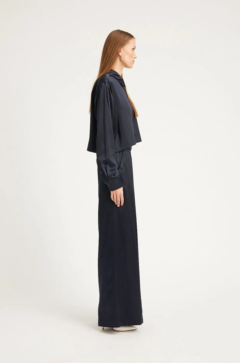 Navy Silk Wide Leg Pintuck Pants sold by SPRWMN product image thumbnail 3