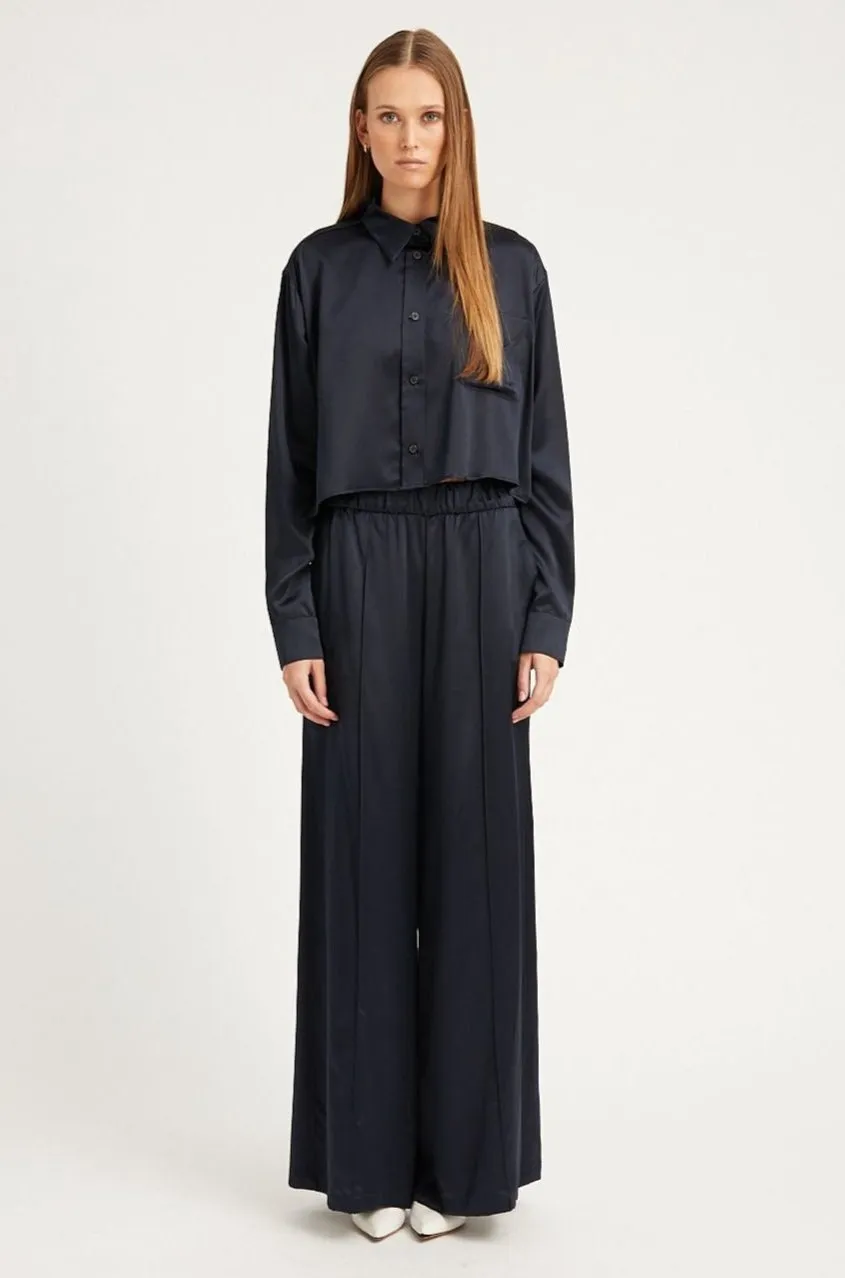 Navy Silk Wide Leg Pintuck Pants sold by SPRWMN