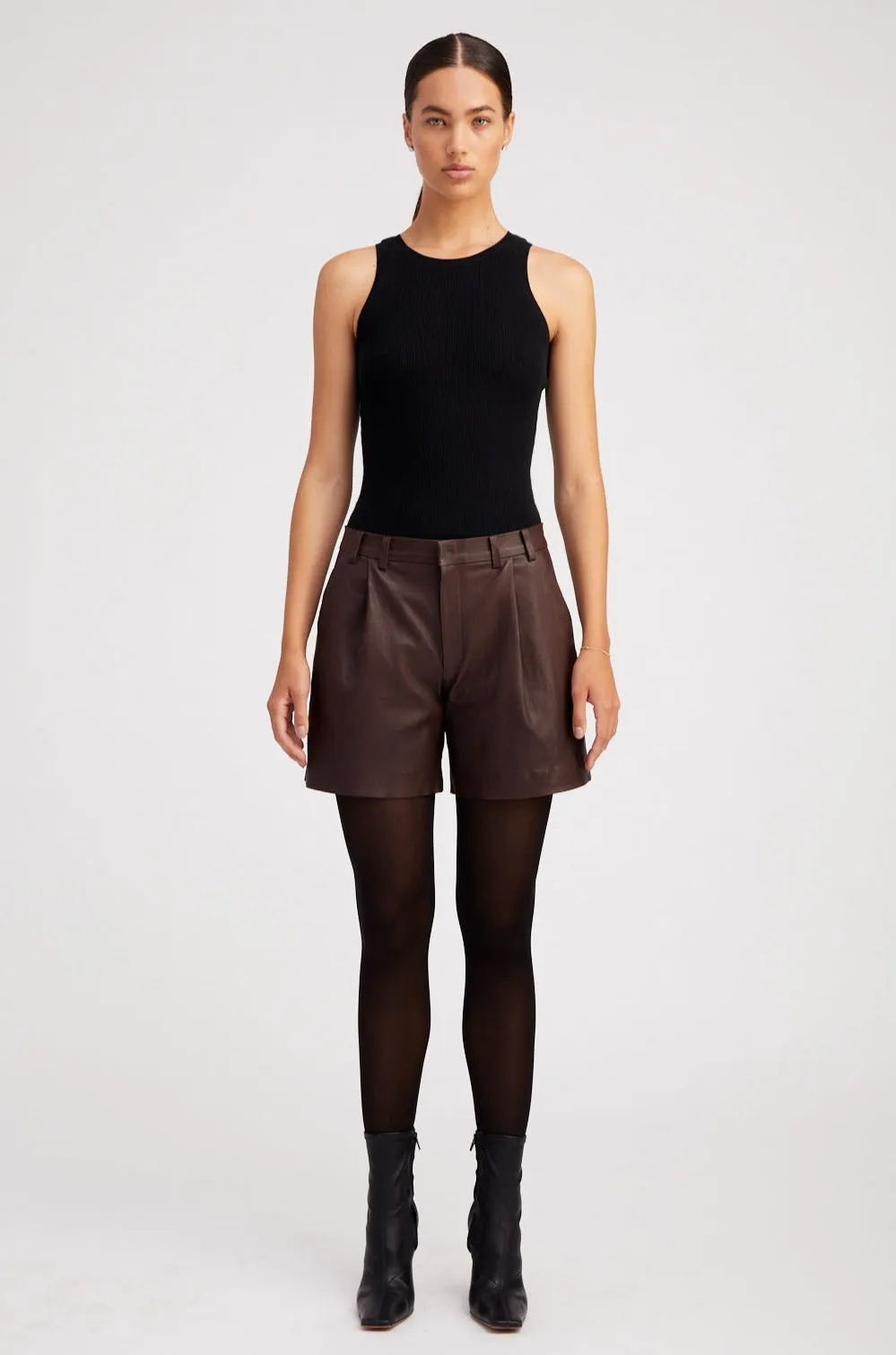 Dark Chocolate Leather Trouser Shorts sold by SPRWMN