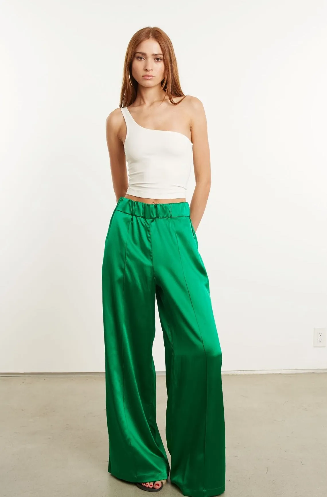 Green Silk Wide Leg Pintuck Pants sold by SPRWMN product image thumbnail 4