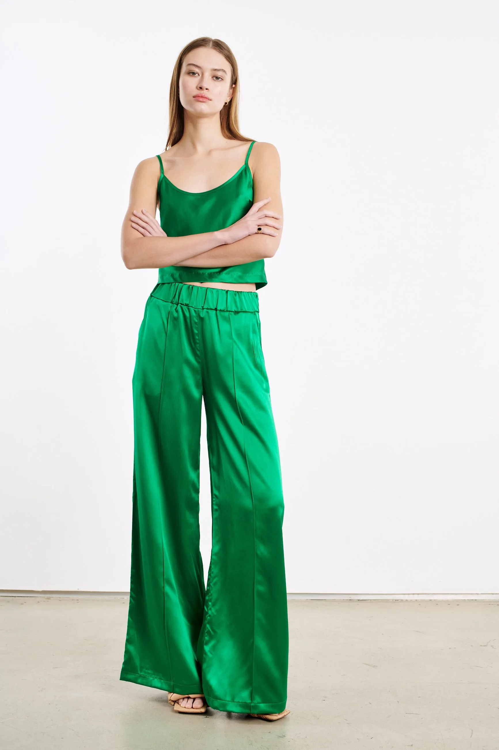 Green Silk Wide Leg Pintuck Pants sold by SPRWMN product image thumbnail 3