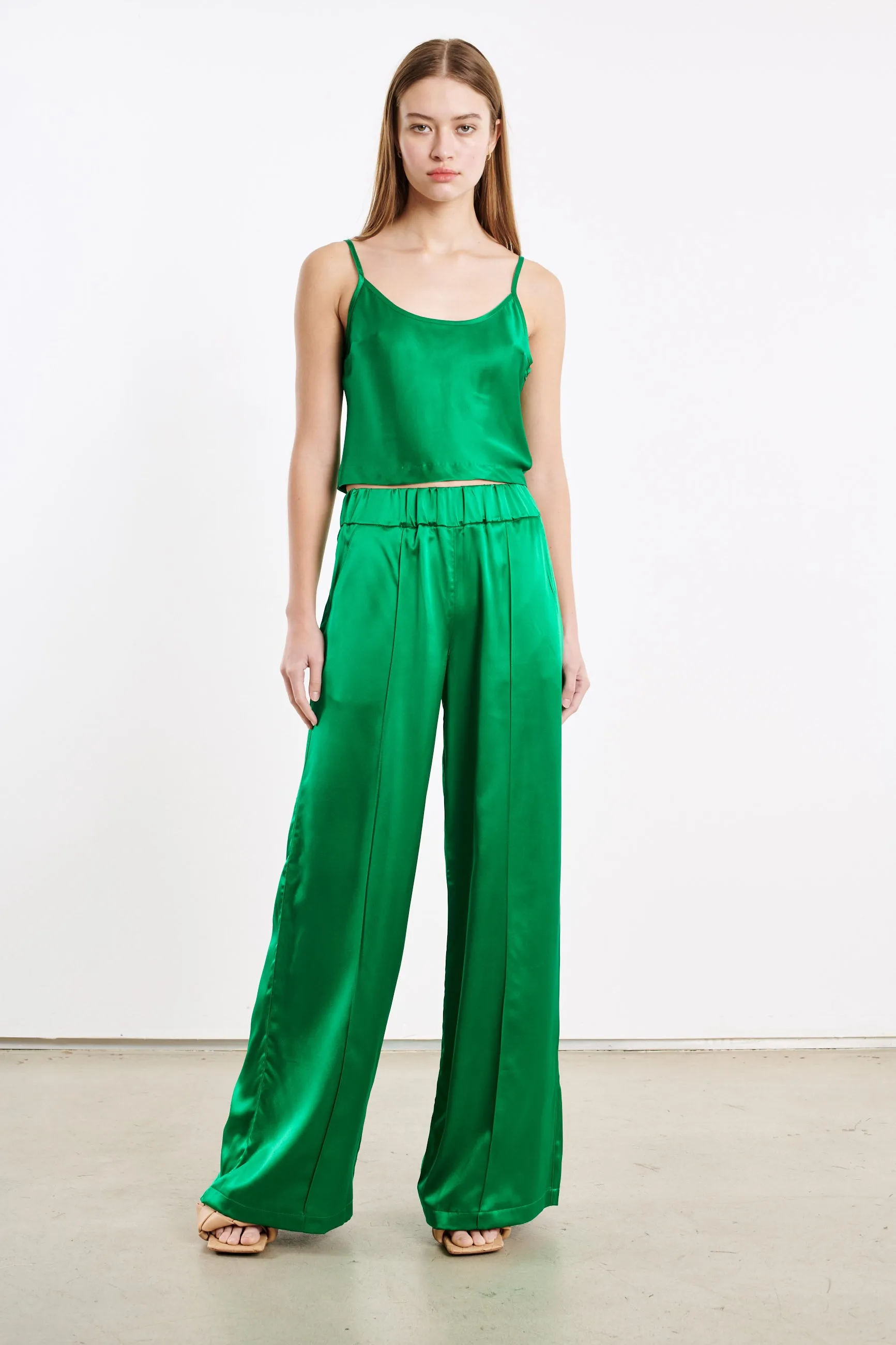 Green Silk Wide Leg Pintuck Pants sold by SPRWMN