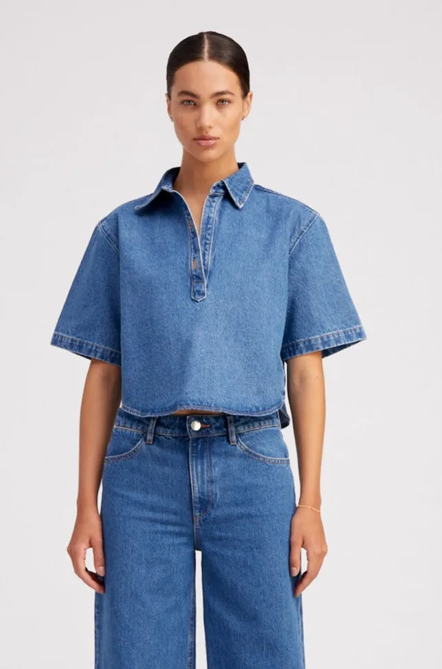 Coco Denim Cropped Oversized Henley Shirt sold by SPRWMN