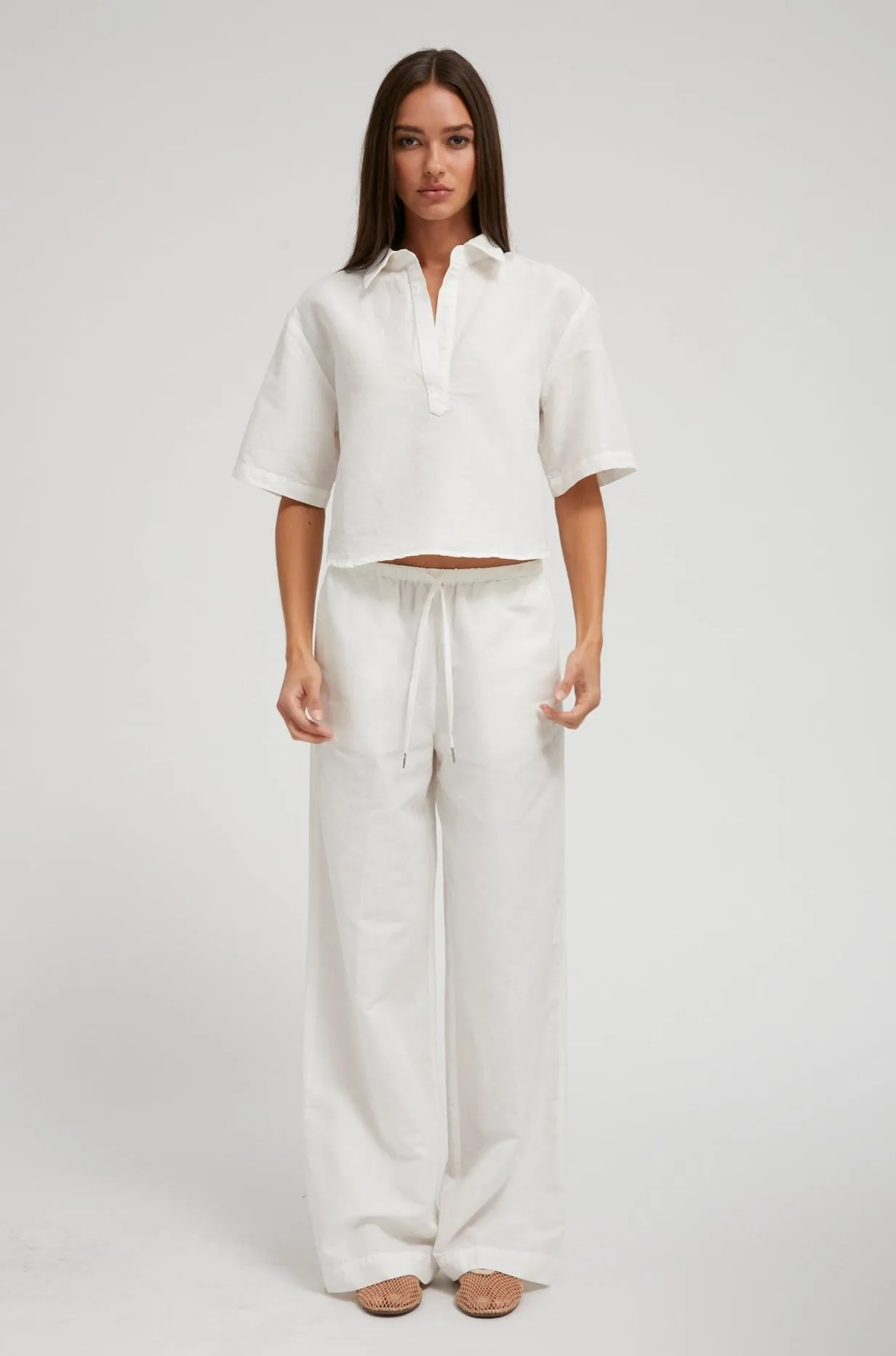 White Linen Cropped Oversized Henley Shirt sold by SPRWMN product image thumbnail 3