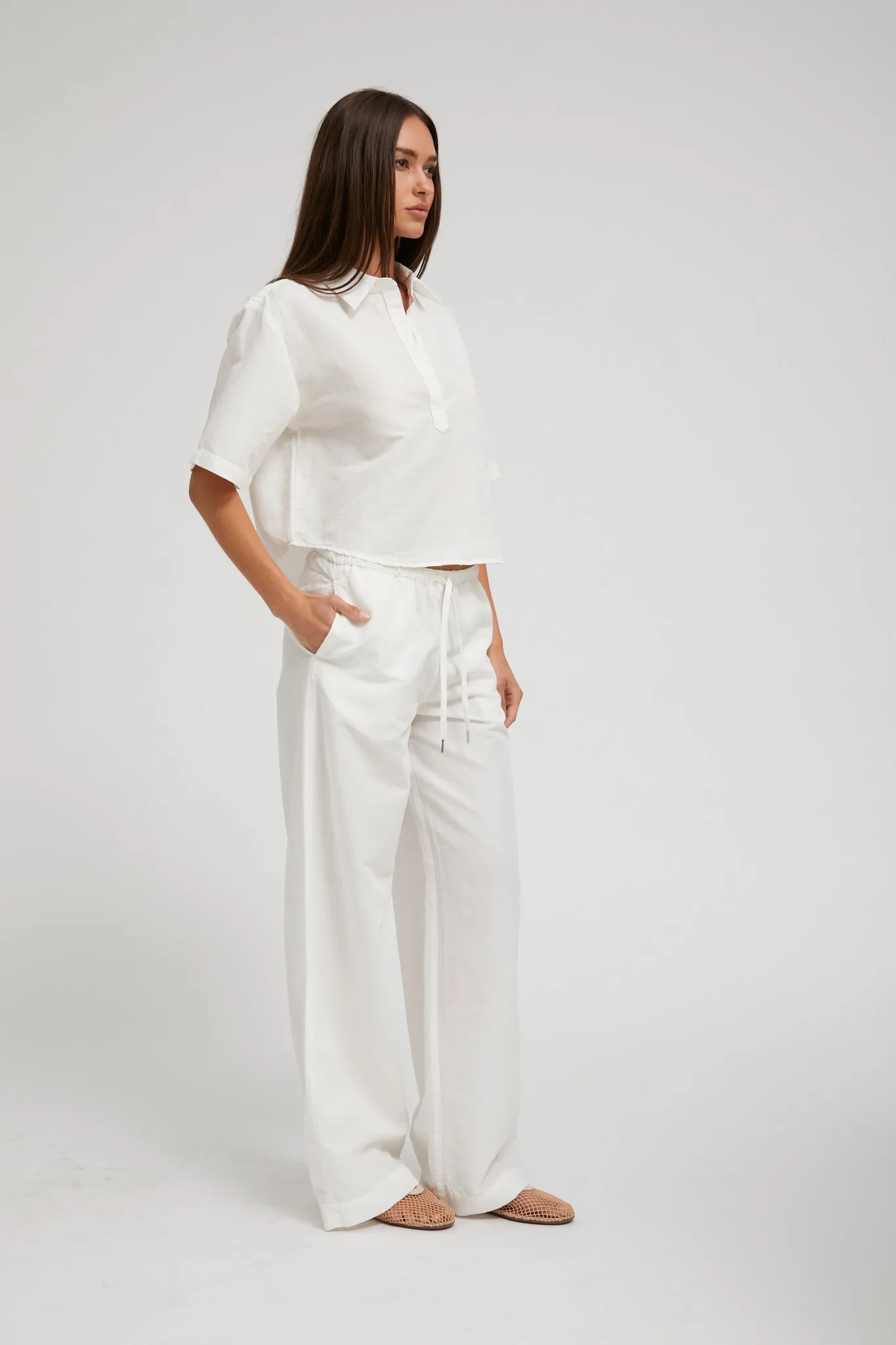 White Linen Cropped Oversized Henley Shirt sold by SPRWMN product image thumbnail 4