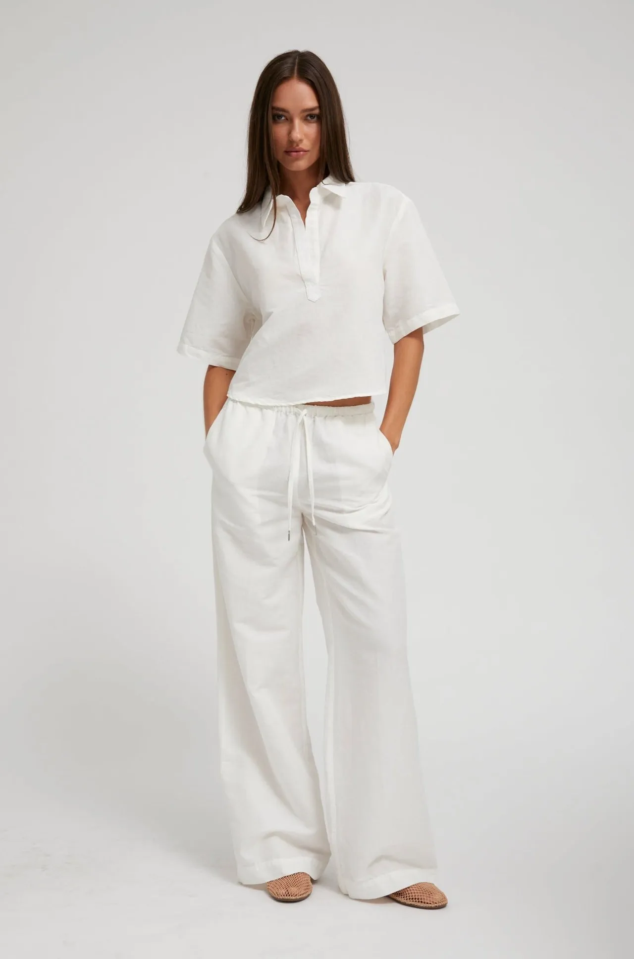 White Linen Cropped Oversized Henley Shirt sold by SPRWMN product image thumbnail 2
