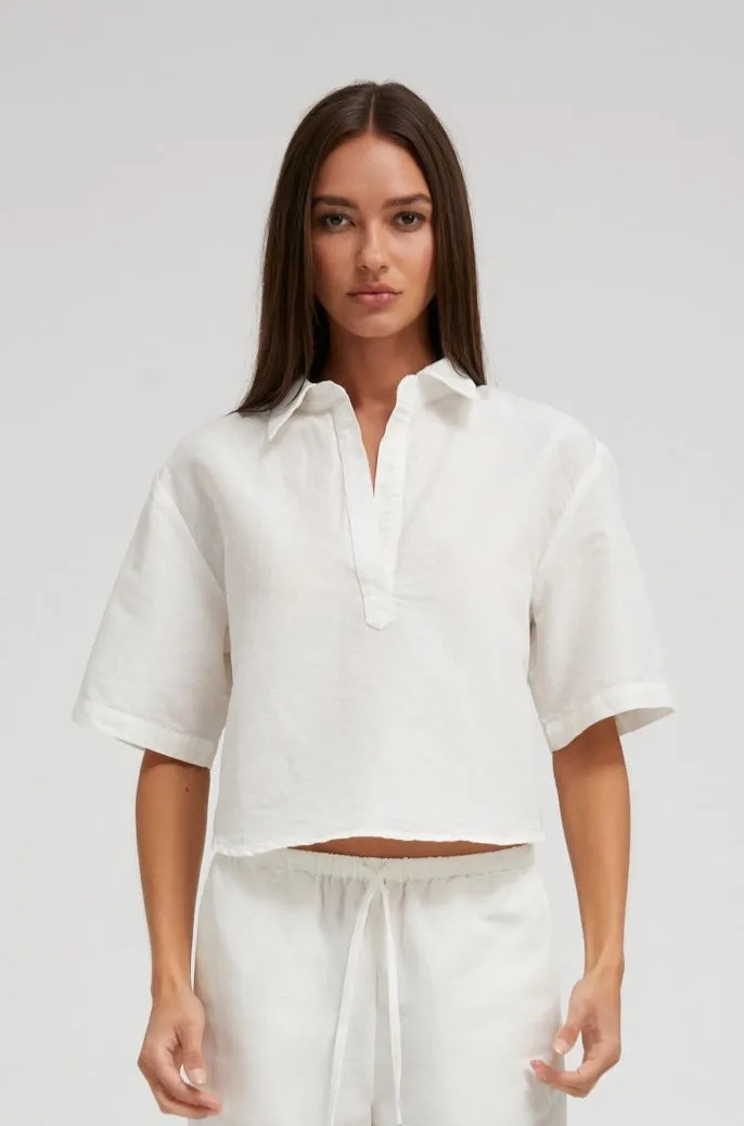 White Linen Cropped Oversized Henley Shirt sold by SPRWMN