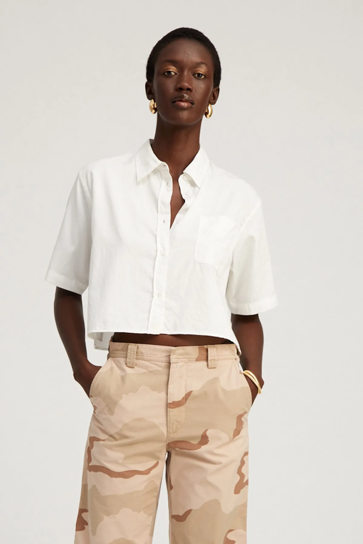White Short Sleeve Cropped Button Down sold by SPRWMN