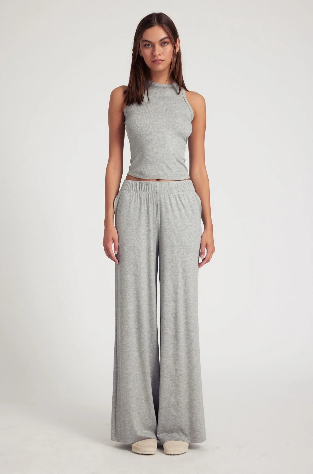 Heather Grey Rib Wide Leg Pants sold by SPRWMN