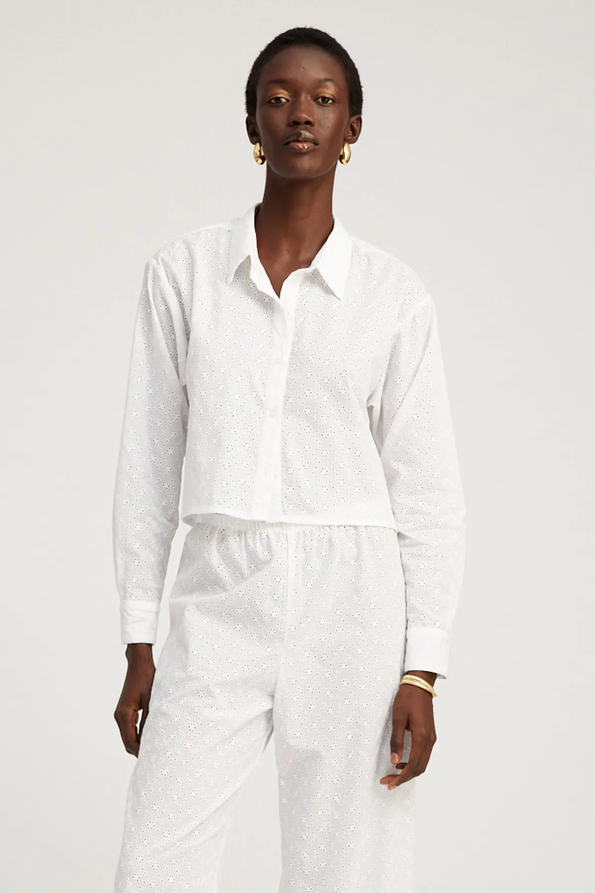 White Eyelet Cropped Button Down sold by SPRWMN