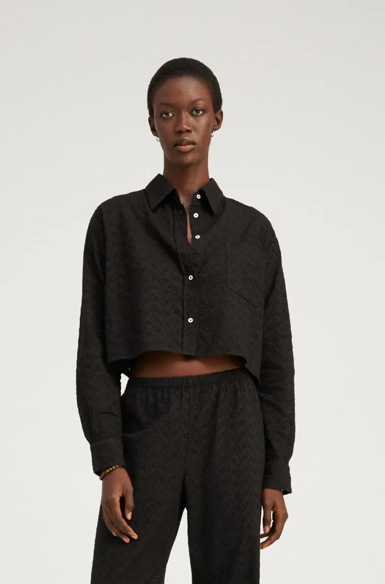Black Eyelet Cropped Button Down sold by SPRWMN