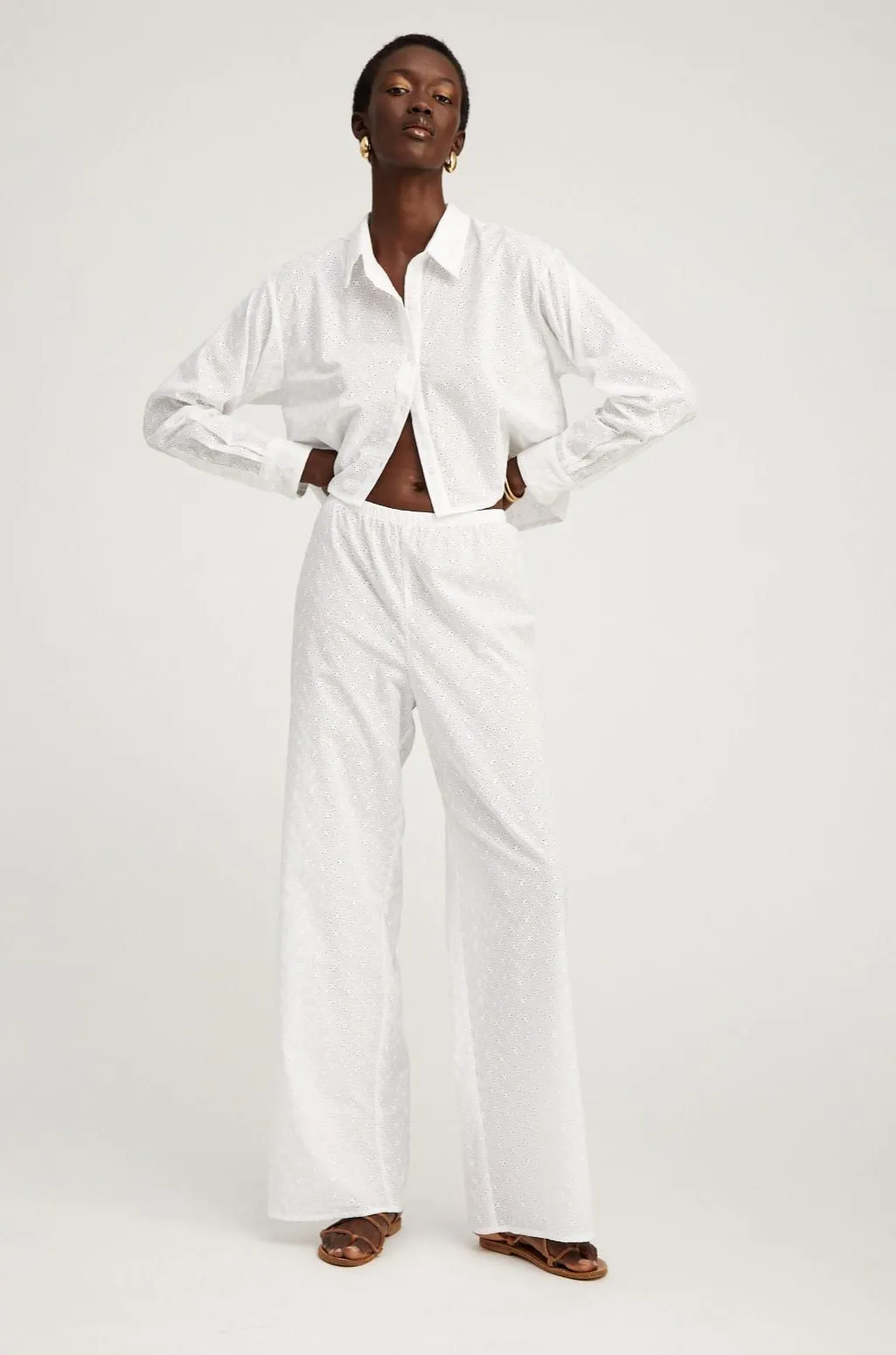 White Eyelet Easy Pants sold by SPRWMN