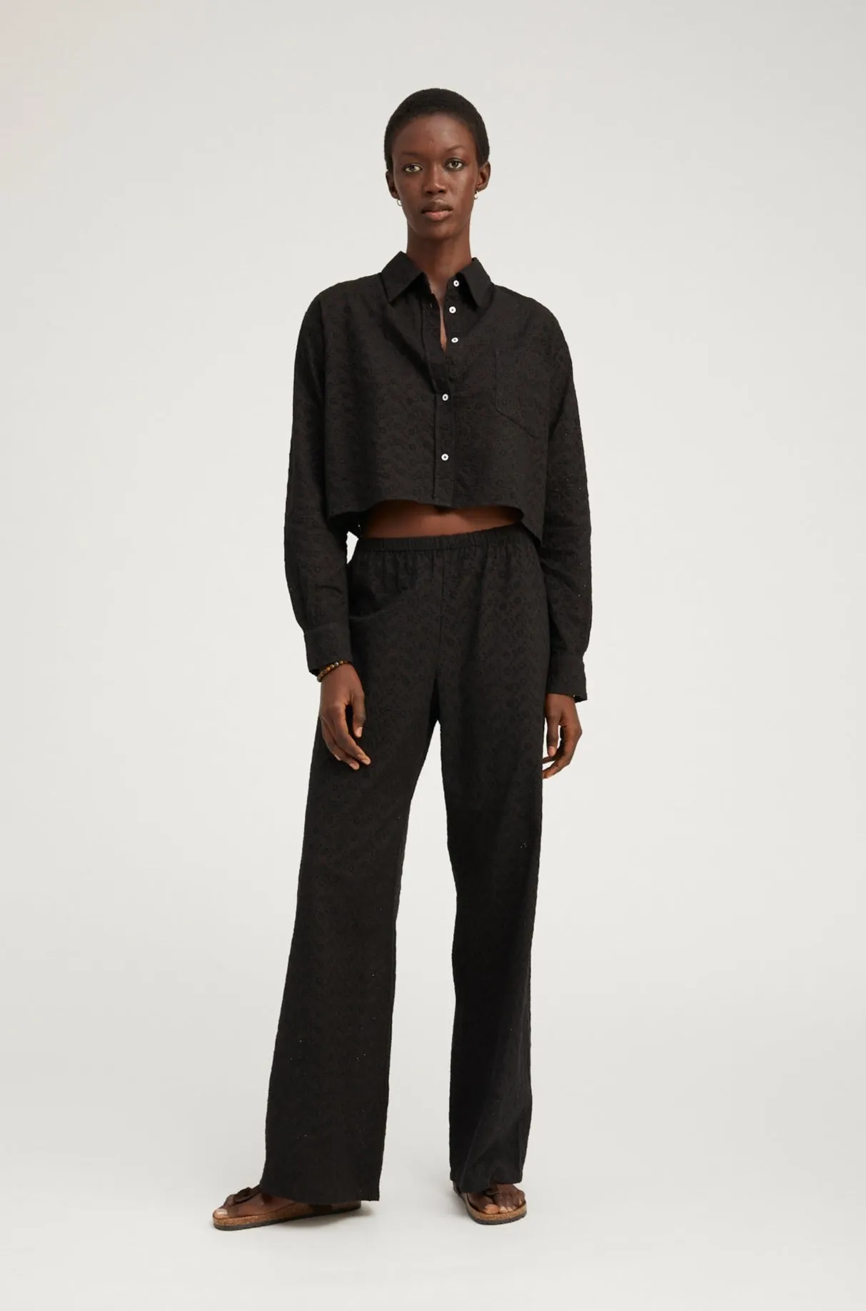 Black Eyelet Easy Pants sold by SPRWMN