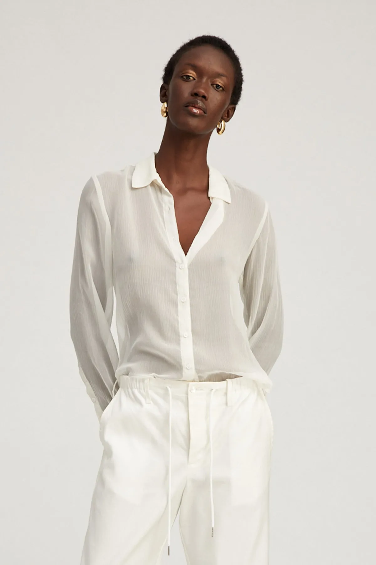 White Crinkle Chiffon Fitted Button Down sold by SPRWMN