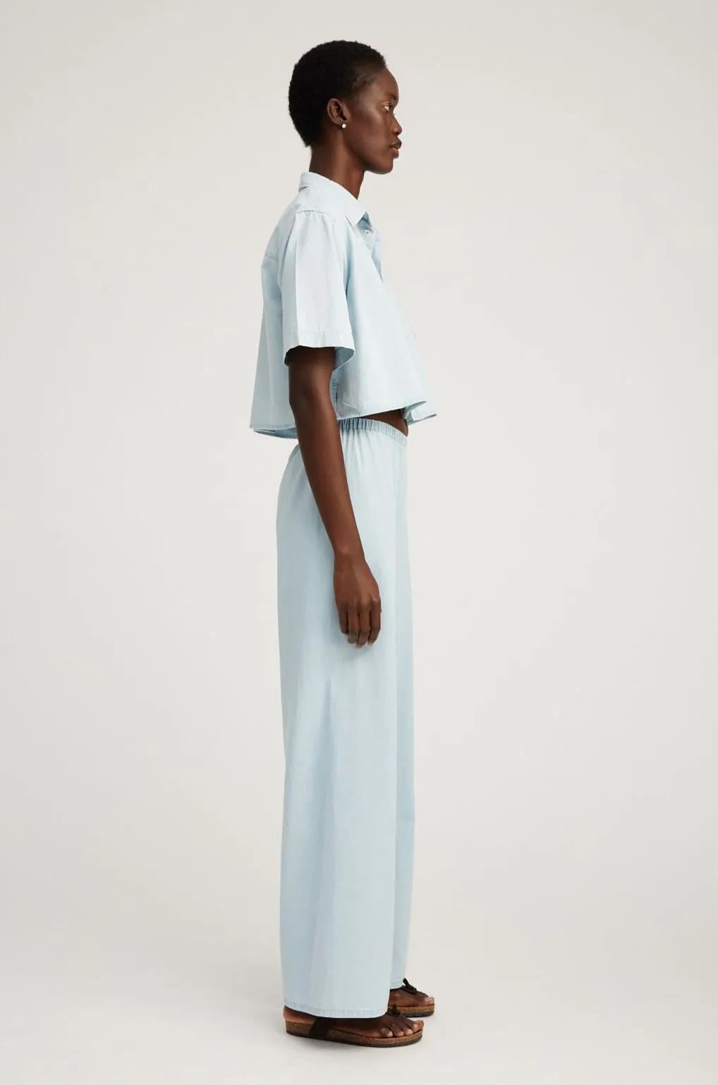 Light Blue Chambray Short Sleeve Cropped Button Down sold by SPRWMN product image thumbnail 4