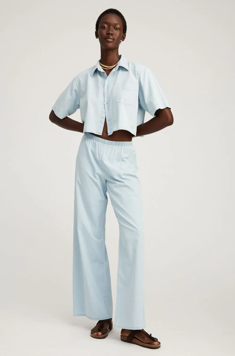 Light Blue Chambray Short Sleeve Cropped Button Down sold by SPRWMN product image thumbnail 3