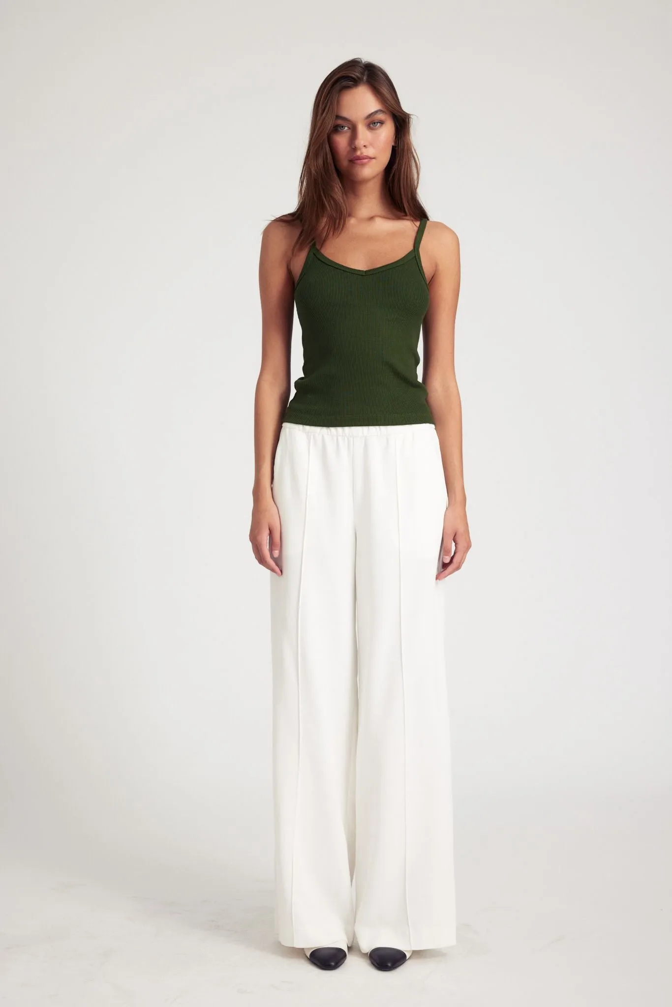 White Crepe Wide Leg Pintuck Trousers sold by SPRWMN