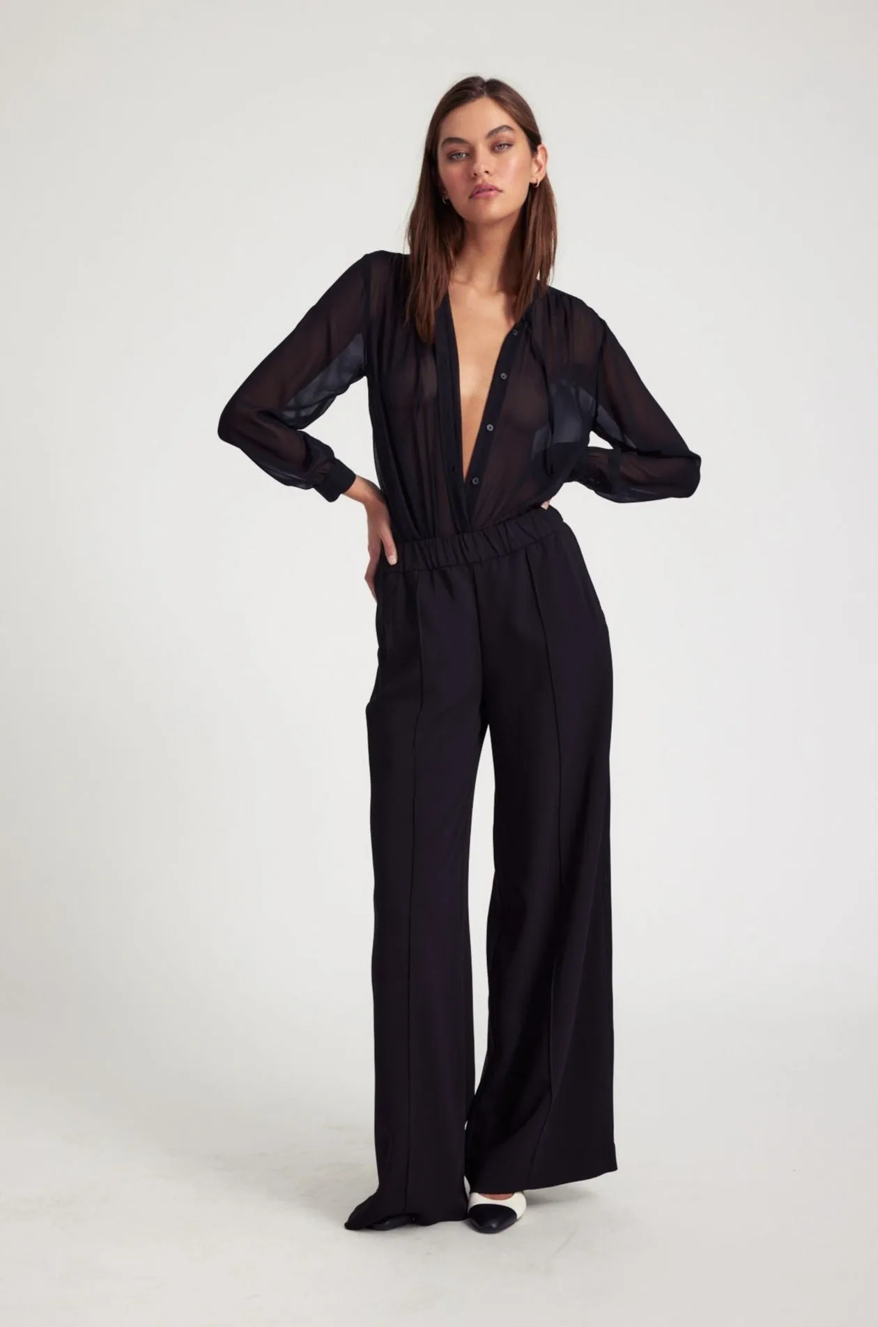 Black Crepe Wide Leg Pintuck Trousers sold by SPRWMN product image thumbnail 4