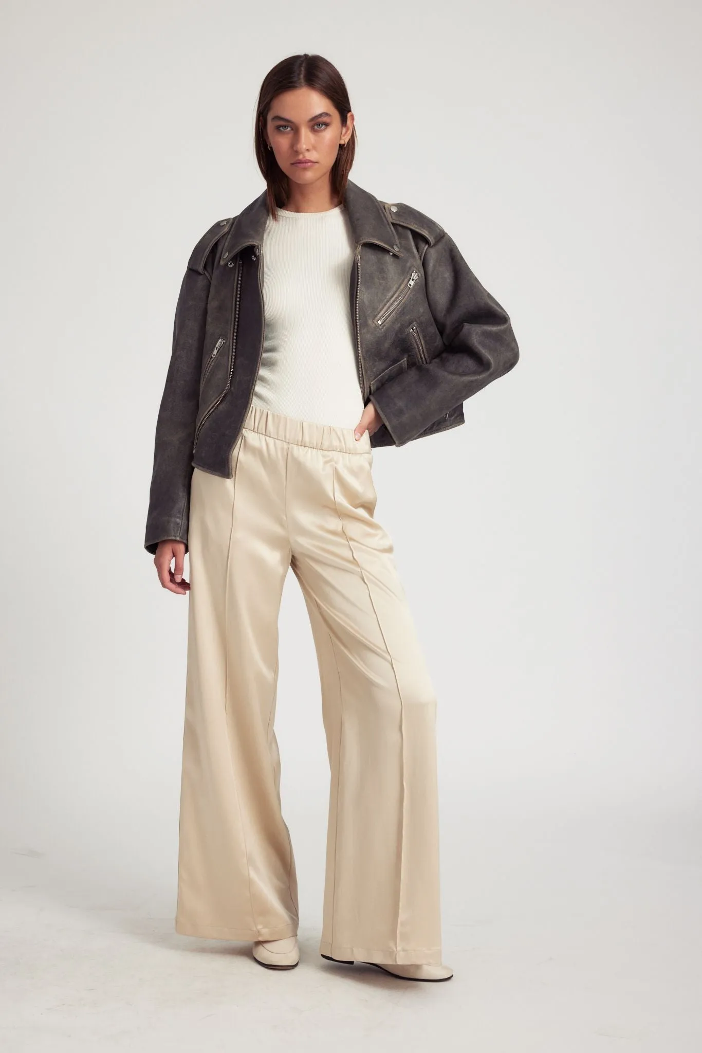 Sand Silk Wide Leg Pintuck Pants sold by SPRWMN