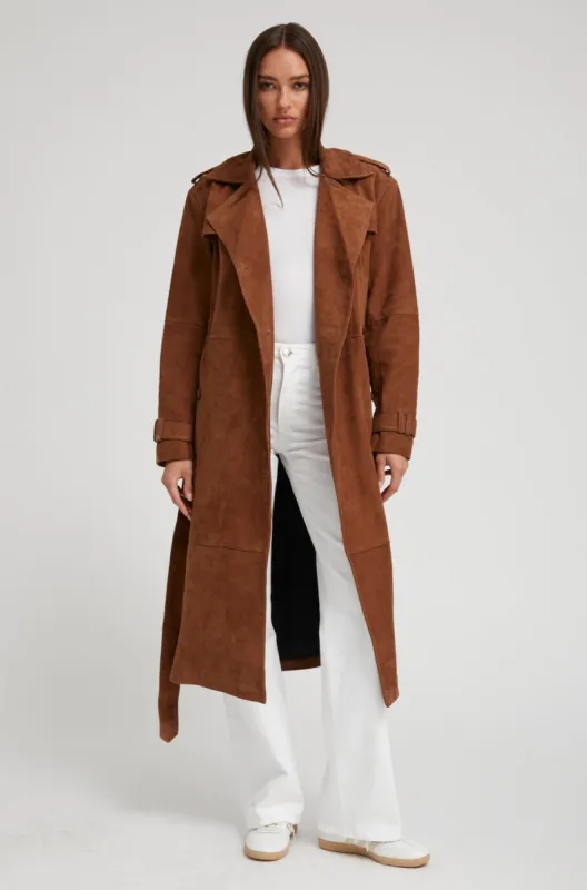 Belle de Jour Cognac Suede Trench sold by SPRWMN