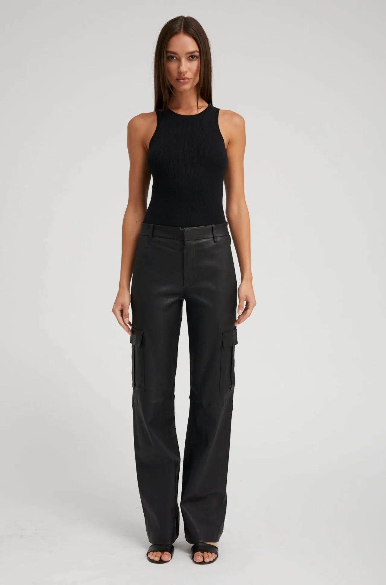 Black Leather Cargo Trousers sold by SPRWMN