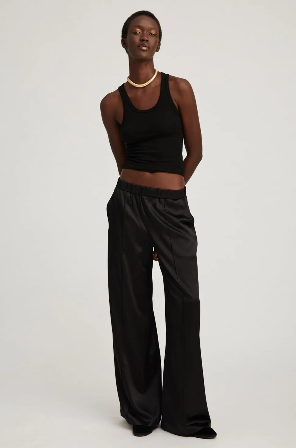 Black Silk Wide Leg Pintuck Pants sold by SPRWMN