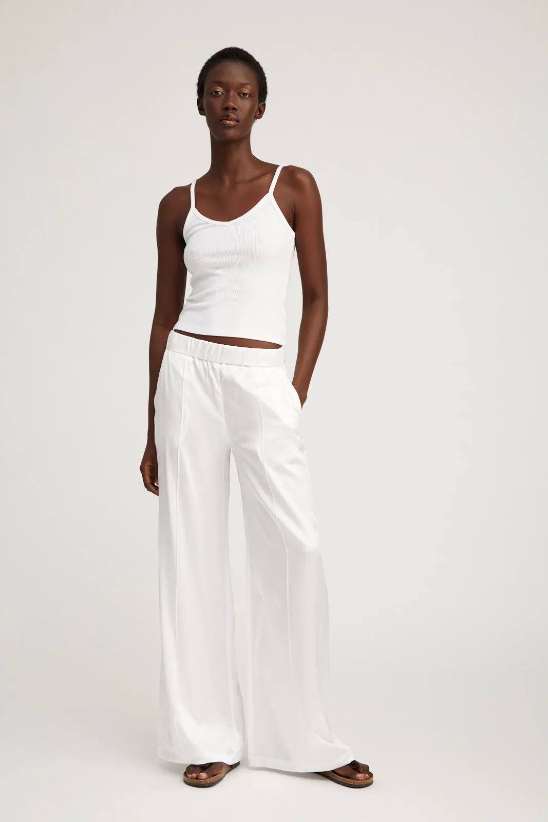 White Silk Wide Leg Pintuck Pants sold by SPRWMN