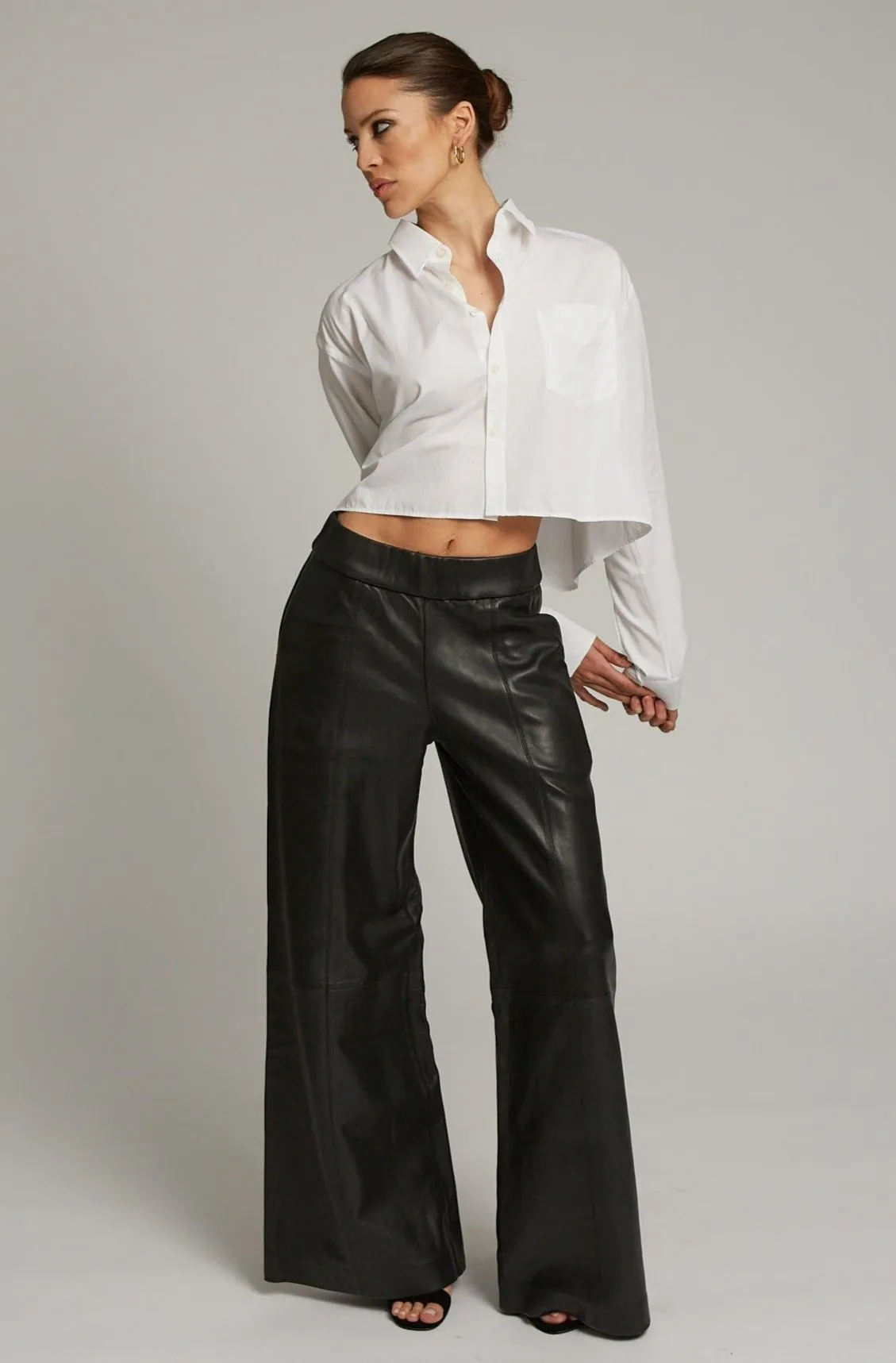 Black Leather Wide Leg Trousers sold by SPRWMN product image thumbnail 3