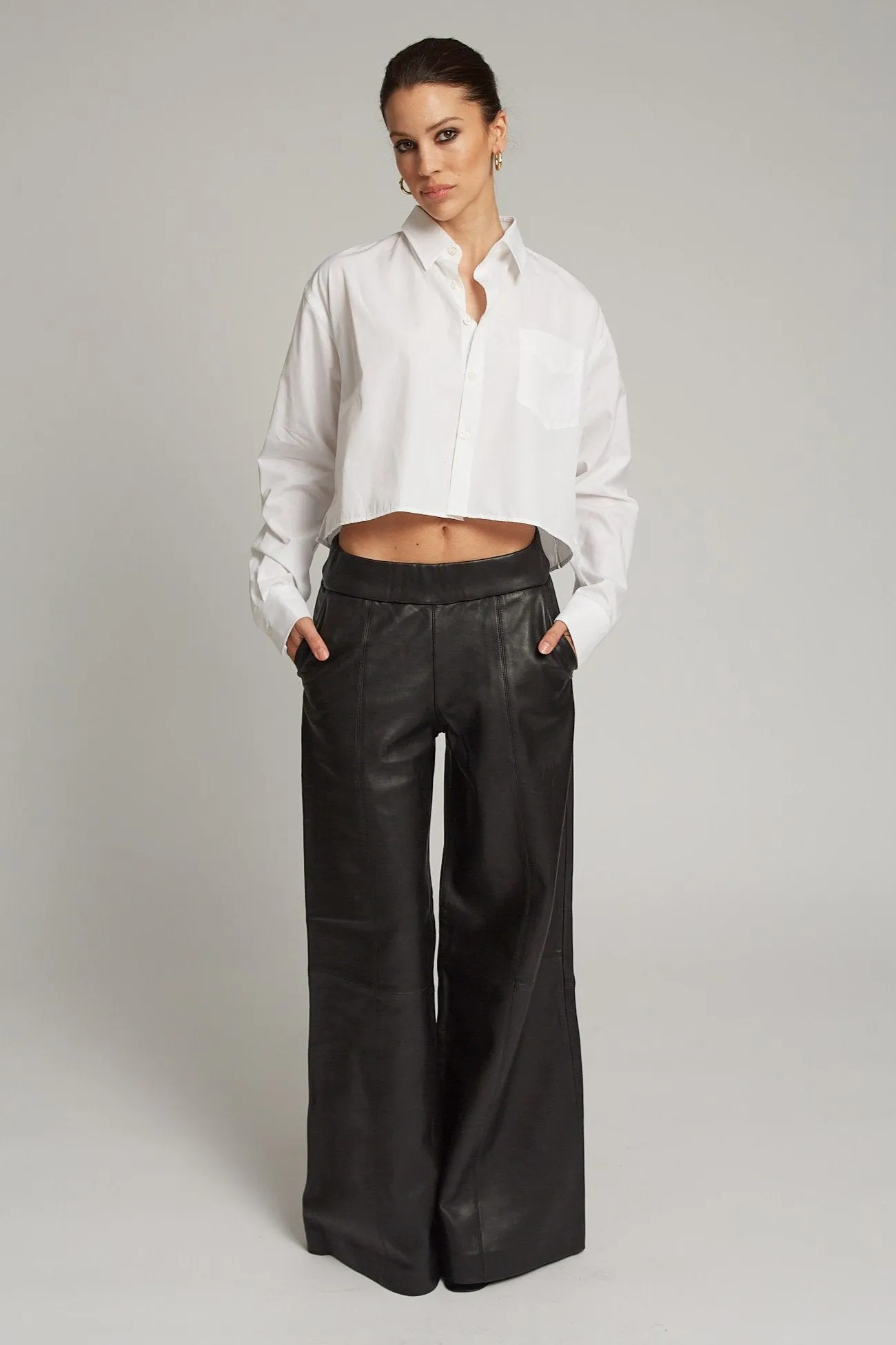 Black Leather Wide Leg Trousers sold by SPRWMN