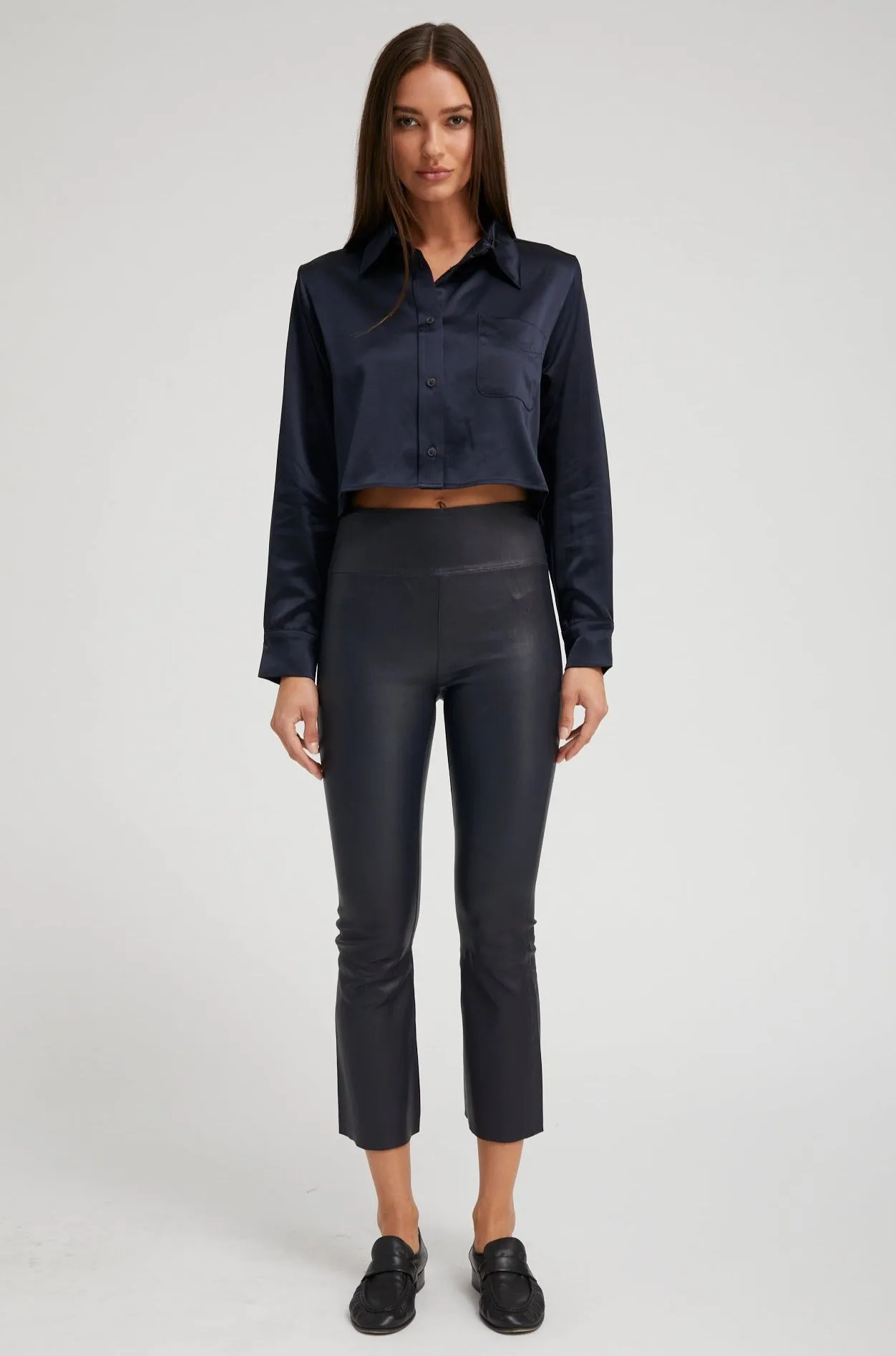 Navy Leather Crop Flare sold by SPRWMN