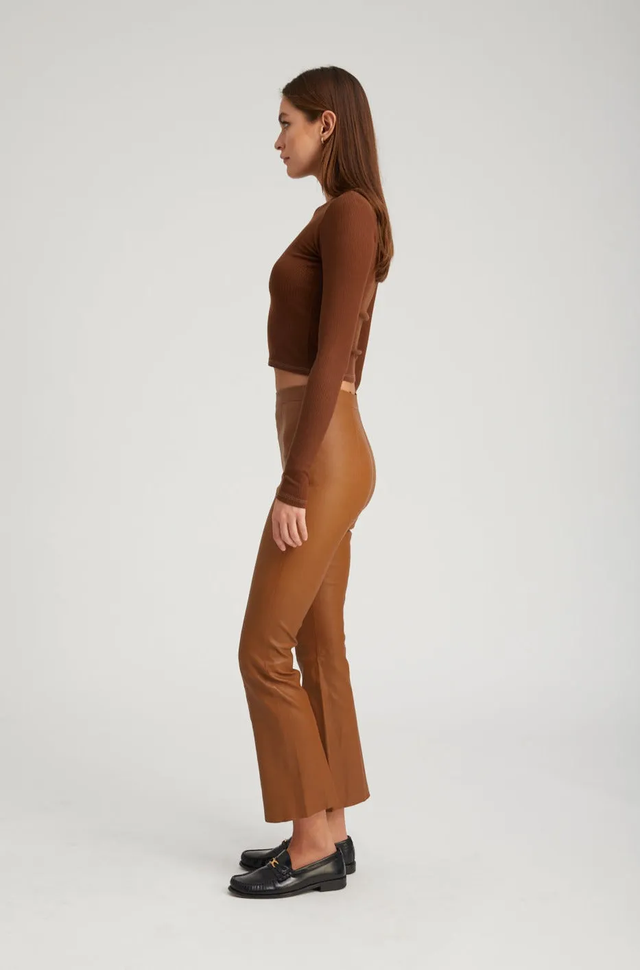 Walnut Leather Ankle Flare Pants with Princess Seams sold by SPRWMN product image thumbnail 4
