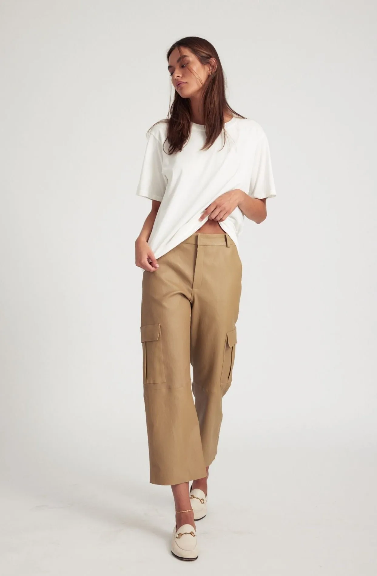Khaki Leather Cropped Cargo Trousers sold by SPRWMN product image thumbnail 3