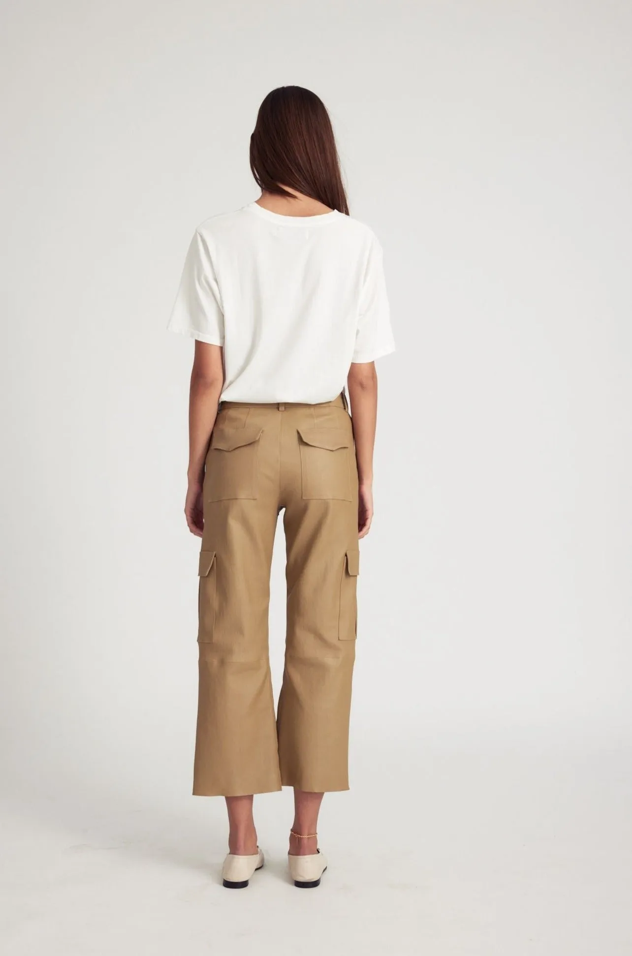 Khaki Leather Cropped Cargo Trousers sold by SPRWMN product image thumbnail 5