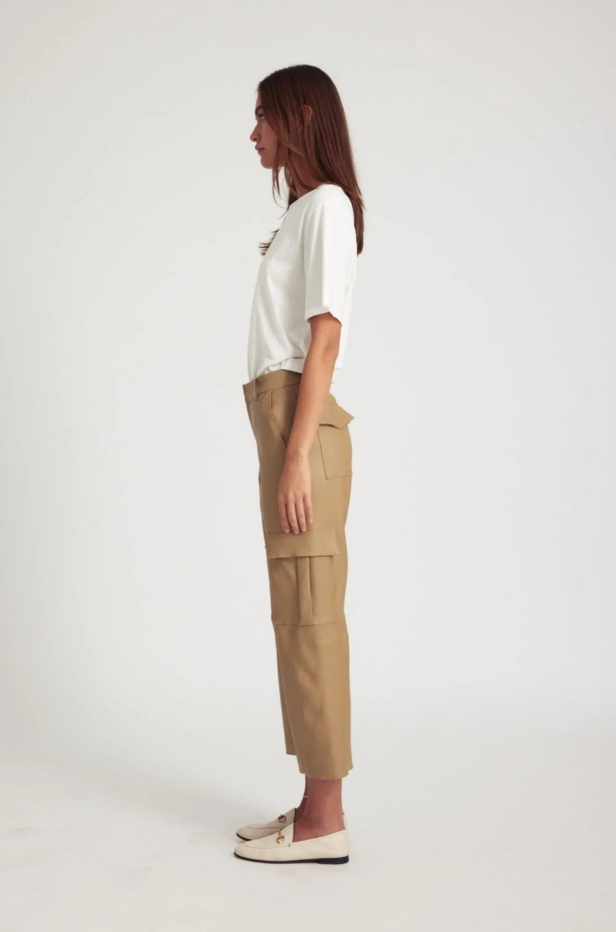 Khaki Leather Cropped Cargo Trousers sold by SPRWMN product image thumbnail 4