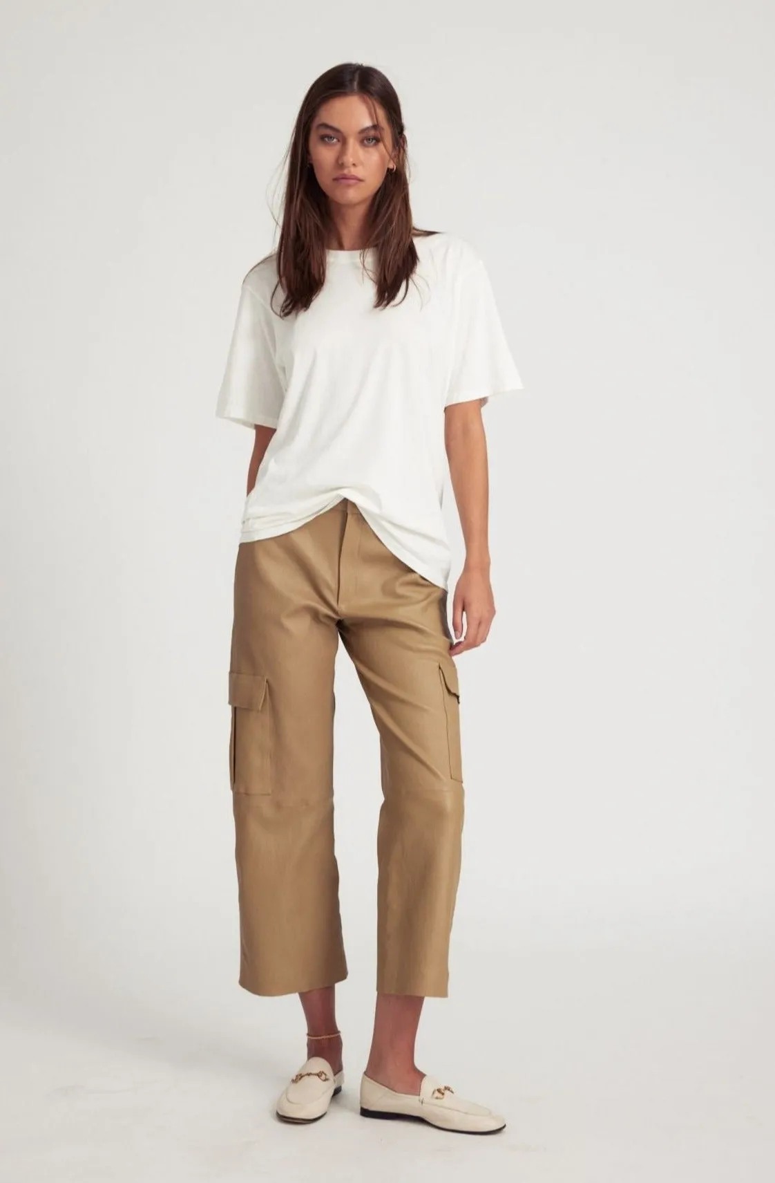 Khaki Leather Cropped Cargo Trousers sold by SPRWMN