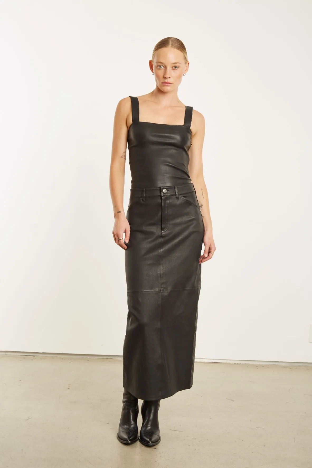 Black Leather 5 Pocket Long Skirt PR sold by SPRWMN
