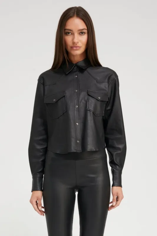 Black Leather Cropped Western Button Down PR sold by SPRWMN