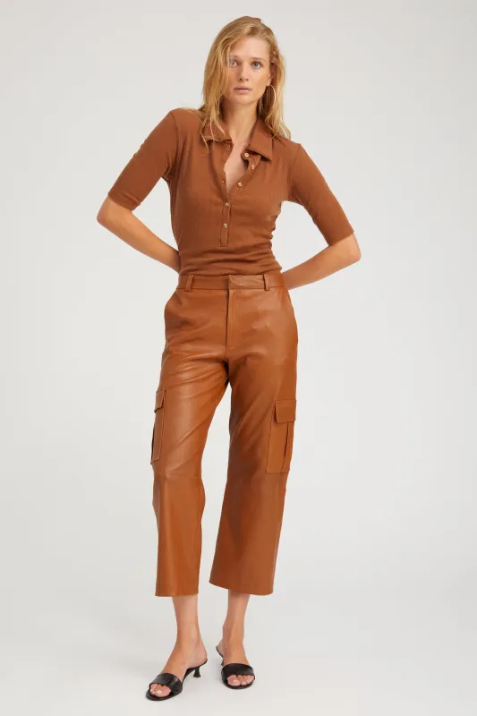 Chestnut Leather Cropped Cargo Trousers PR sold by SPRWMN