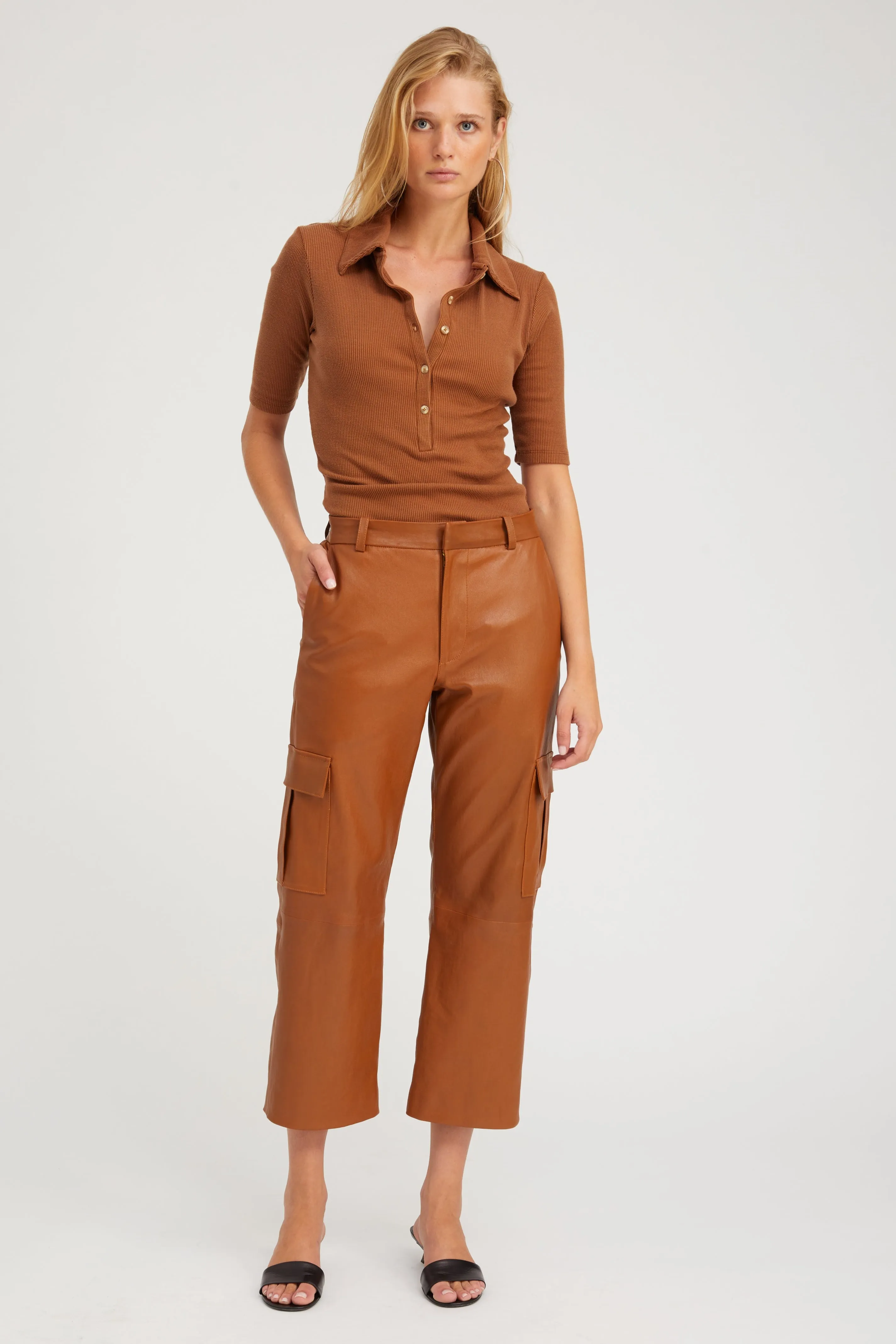 Chestnut Leather Cropped Cargo Trousers PR sold by SPRWMN product image thumbnail 2
