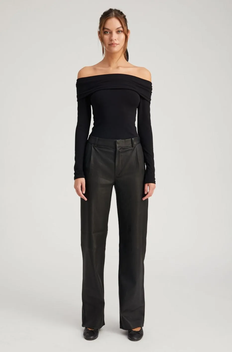 Black Leather Straight Leg Pleated Trousers PR sold by SPRWMN